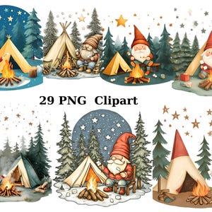 29 Gnomos de camping, acuarela, clipart, gnomos, imágenes PNG individuales sobre fondo transparente, sublimación