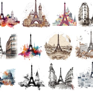 Aquarelle Tour Eiffel Clipart, images numériques PNG, fond transparent, haute qualité, 12 x 12, utilisation commerciale, téléchargement immédiat