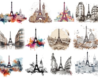 Watercolor Eiffel Tower Clipart, PNG digital images, transparent background, high quality, 12x12, commercial use, instant download