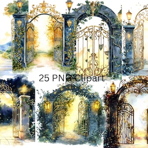 25 prachtige Gates aquarel clipart, Gates clipart, individuele png-afbeeldingen op transparante achtergrond, sublimatie, commercieel gebruik
