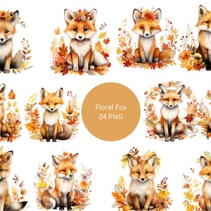 24 Floral Foxes Watercolor Clipart, Floral Clipart, PNG individual images on transparent background, sublimation