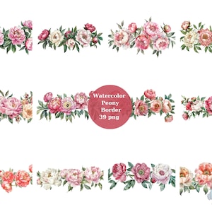 39 Peony Border Acuarela Clipart, Floral Clipart, archivos digitales PNG sobre fondo transparente, sublimación, uso comercial