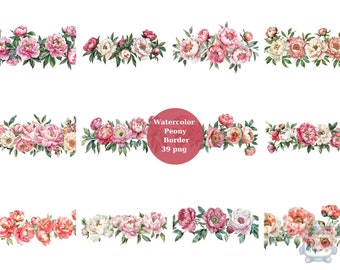 39 Peony Border Watercolor Clipart, Floral Clipart, PNG digital files on transparent background, sublimation, commercial use