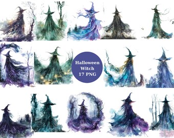 Halloween Witch Watercolor Clipart, PNG digital files on transparent background, sublimation, commercial use