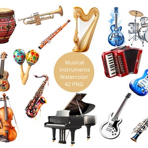Muziekinstrumenten Clipart, digitale PNG-bestanden op transparante achtergrond, sublimatie, commercieel gebruik