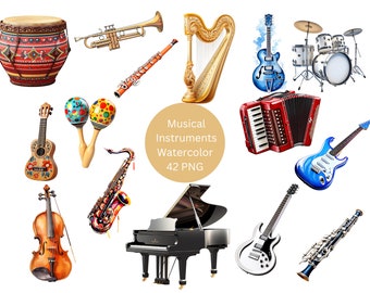 Muziekinstrumenten Clipart, digitale PNG-bestanden op transparante achtergrond, sublimatie, commercieel gebruik