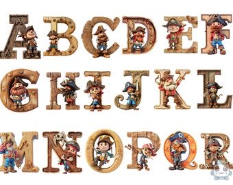Watercolor Pirate Alphabet Clipart, PNG digital files on transparent background, sublimation, commercial use