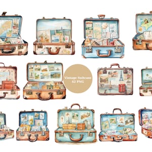 42 Maletas Vintage Acuarela Clipart, Vintage Clipart, imágenes individuales PNG sobre fondo transparente, sublimación