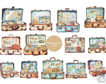 May include: Watercolor illustrations of vintage suitcases, open to reveal maps, postcards, and travel ephemera. The suitcases are in various colors, including brown, blue, and tan. The text "Vintage Suitcase 42 PNG" is visible.