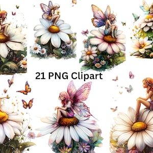 21 feeën op madeliefje clipart, fantasie clipart, individuele png-afbeeldingen op transparante achtergrond, sublimatie
