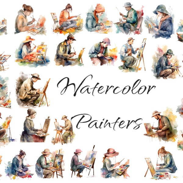 Aquarell Maler Clipart, digitale PNG-Dateien auf einem transparenten Hintergrund, Scrapbook, Einladungen, kommerzielle Nutzung, sofortiger Download