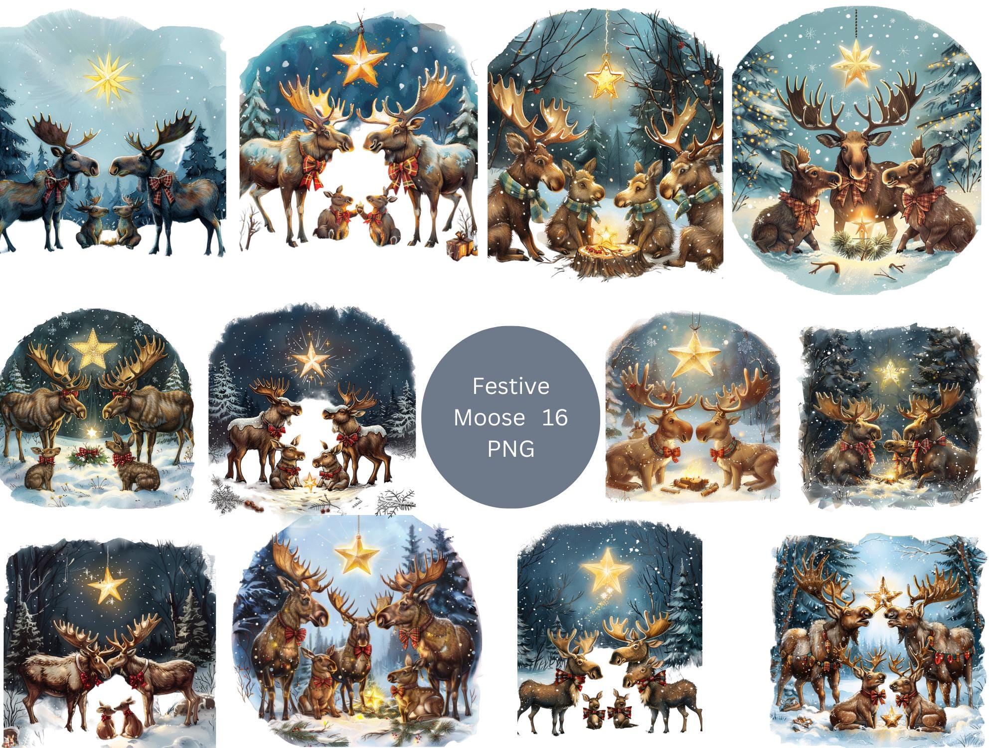 16 Festive Moose Clipart, Christmas Clipart, PNG individual images on transparent background, sublimation