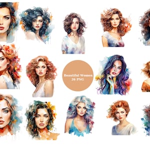 Acuarela Hermosas Mujeres Clipart, Mujeres Expresivas, imágenes individuales PNG sobre fondo transparente, sublimación, uso comercial