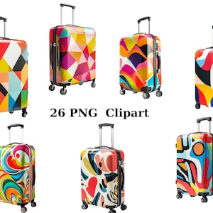 26 cliparts de valises à roulettes, clipart d'articles, images individuelles PNG sur fond transparent, sublimation