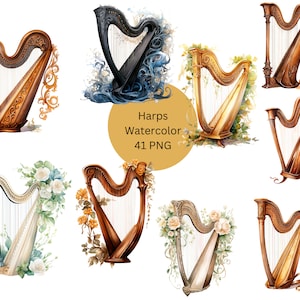 Watercolor Harps Clipart, PNG digital files on transparent background, sublimation, commercial use