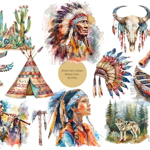 Acquerello American Indian Clipart, immagini singole PNG dei nativi americani su sfondo trasparente, sublimazione, uso commerciale
