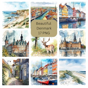 Aquarell Schöne Dänemark Clipart, PNG-Einzelbilder auf einem transparenten Hintergrund, Sublimation, kommerzielle Nutzung