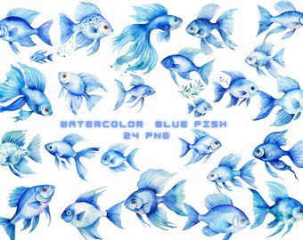 Aquarel Blue Fish Clipart, digitale PNG-bestanden op transparante achtergrond, plakboek, uitnodigingen, commercieel gebruik, instant download