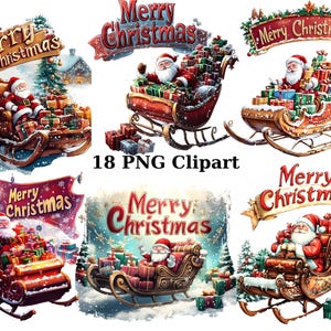 18 Trenós de Papai Noel Feliz Natal Clipart em Aquarela, Clipart de Natal, imagens individuais PNG em fundo transparente, sublimação