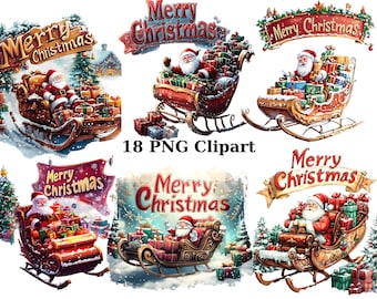 18 God Jul Jultomtens Slädar Akvarell Clipart, Jul Clipart, PNG individuella bilder på transparent bakgrund, sublimering