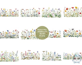 45 Wildflowers Borders Watercolor Clipart, Floral Clipart, PNG digital files on transparent background, sublimation, commercial use