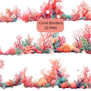Watercolor Coral Borders Clipart, PNG digital files on transparent background, sublimation, commercial use