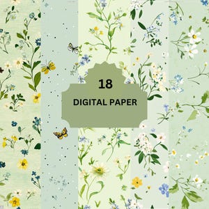 Wildflower Digital Paper Pack – Soft Green Backgrounds with Daisies, Florals & Butterflies, 18 Elegant Spring Sheets