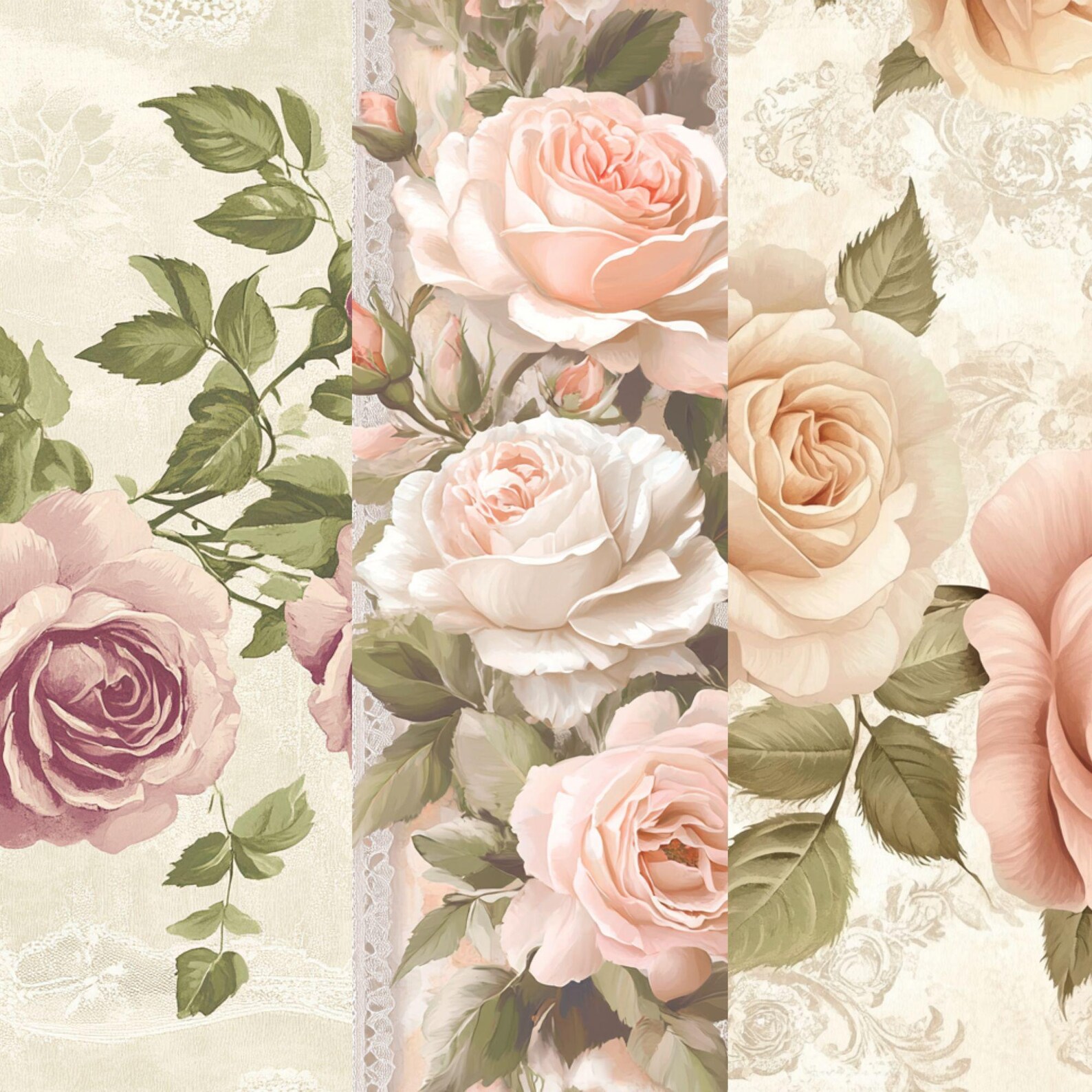 Vintage Rose Digital Paper - Romantic Pink Cream Floral Backgrounds ...