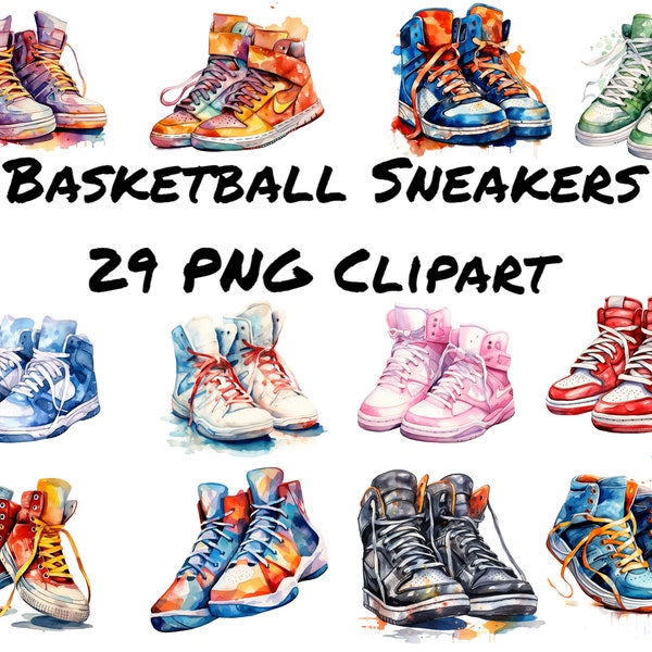 Watercolor Basketball Sneakers Clipart, transparent background, high quality, PNG images, 12x12, commercial use