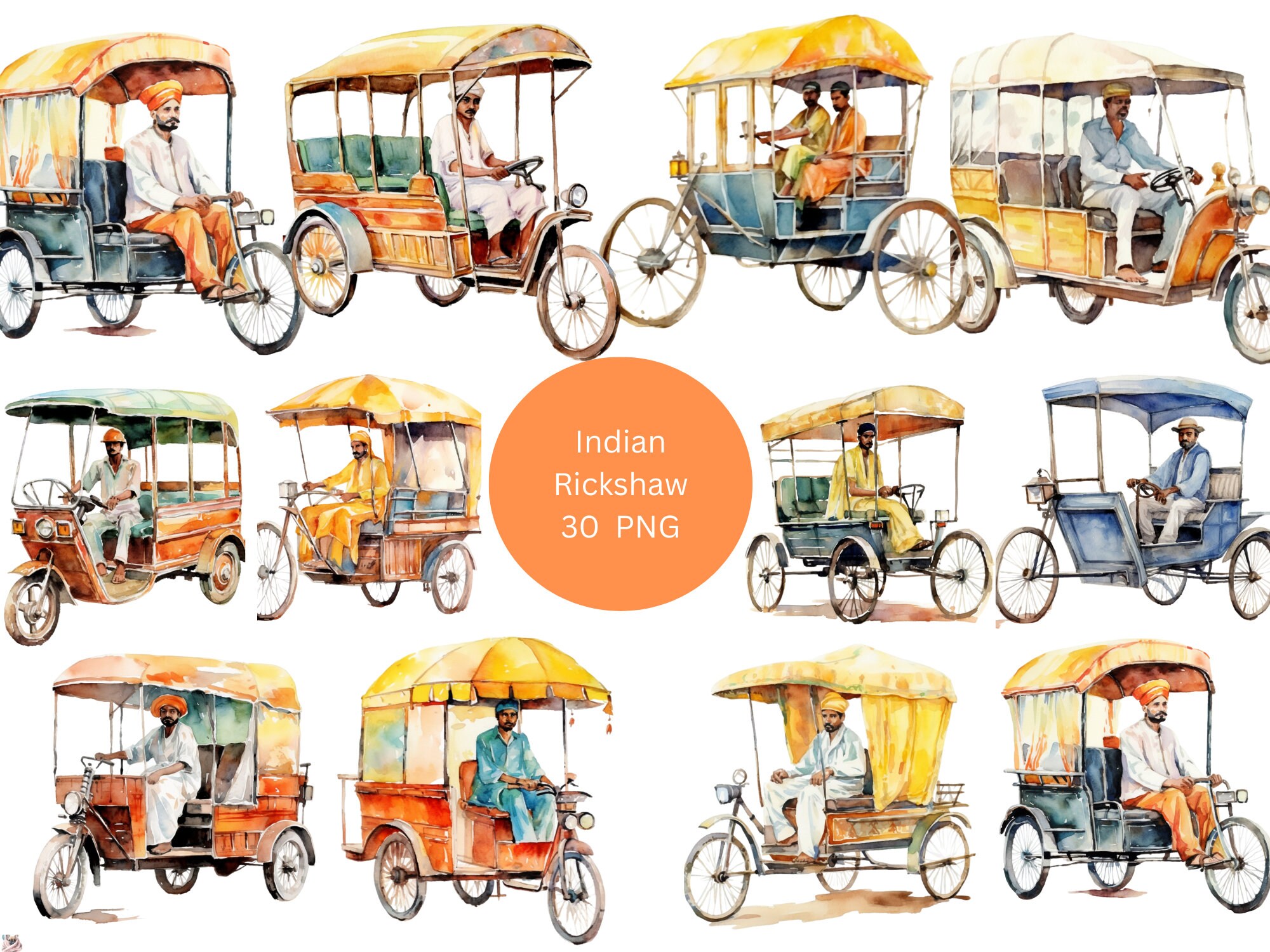 30 Indian Rickshaws Watercolor Clipart, India Clipart, PNG Individual ...