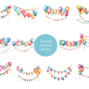 32 Geburtstagsgirlanden Aquarell Clipart, Geburtstag Clipart, PNG einzelne Bilder auf transparentem Hintergrund, Sublimation