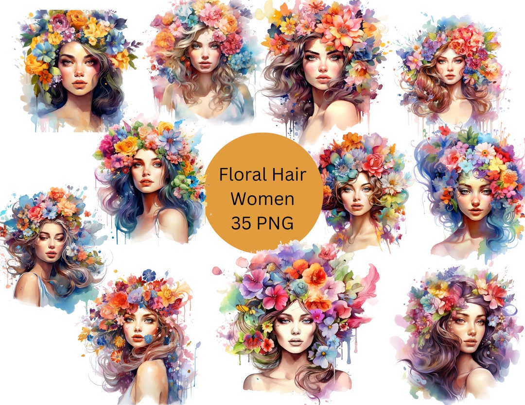 Watercolor Floral Women Clipart, Women With Flowers in Their Hair PNG ...