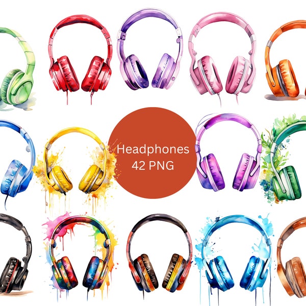 Watercolor Headphones Clipart, PNG digital files on a transparent background, scrapbook, invitations