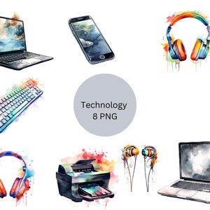 Aquarelle Technology Clipart, fichiers numériques PNG sur fond transparent, scrapbook, invitations