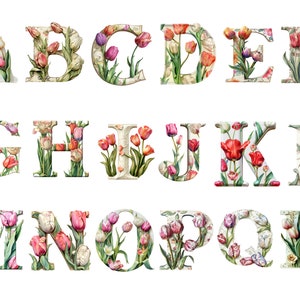 Watercolor Tulips Alphabet Clipart, PNG individual images on transparent background, sublimation, commercial use