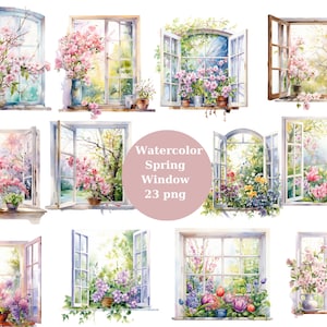 Aquarell Frühling Fenster Clipart, PNG digitale Dateien auf transparentem Hintergrund, Sublimation, kommerzielle Nutzung