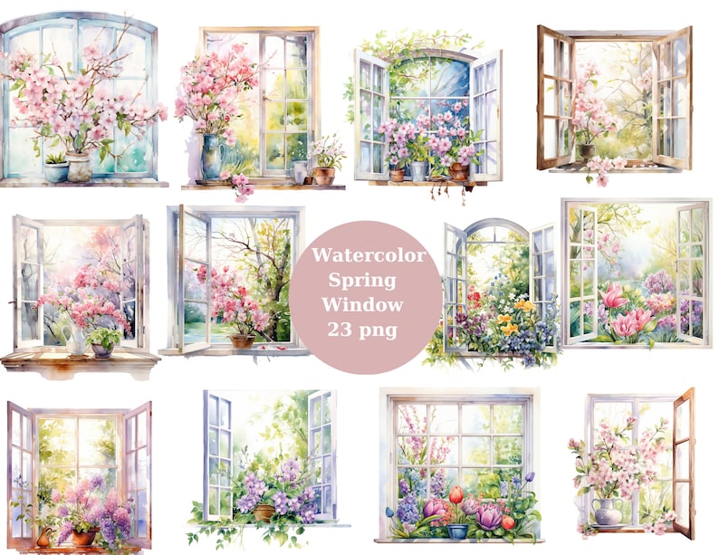 Watercolor Spring Windows Clipart, PNG Digital Files on Transparent ...