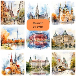 Watercolor Munich Clipart, PNG digital files on transparent background, scrapbook, invitations, commercial use