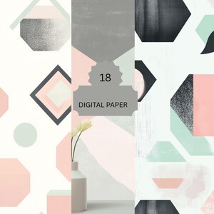 Modern Pastel Geometric Digital Paper - Abstract Shapes in Soft Pink, Mint And Grey - 18 Seamless Backgrounds