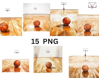 15 Basketball Courts Watercolor Clipart, Basketball Clipart, PNG individual images on transparent background, sublimation