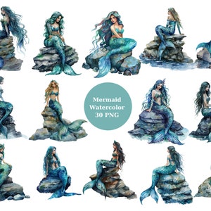 30 Meerjungfrau Aquarell Clipart, Sirene Clipart, PNG digitale Dateien auf transparentem Hintergrund, Sublimation, kommerzielle Nutzung