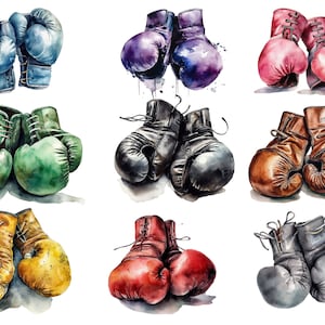 Paquete de guantes de boxeo, acuarela, 10 hermosas imágenes PNG, imágenes prediseñadas, alta calidad, fondo transparente, 12x12, uso comercial