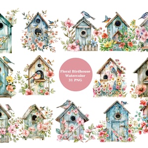 31 Acuarela Floral Birdhouse Clipart, imágenes individuales PNG sobre fondo transparente, sublimación, uso comercial