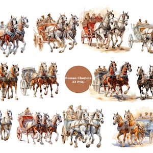22 cliparts aquarelle de chars romains, cliparts de chars, images individuelles PNG sur fond transparent, sublimation