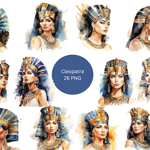 26 imágenes prediseñadas de acuarela de Cleopatra, imágenes prediseñadas de Egipto, imágenes individuales PNG sobre fondo transparente, sublimación