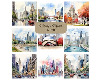Watercolor Chicago Clipart, PNG digital files on a transparent background, scrapbook, invitations