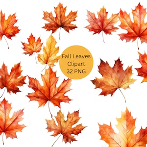 Watercolor Fall Leaves Clipart, Autumn Clipart, PNG digital files on transparent background, sublimation, commercial use