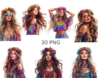 Bohemian Hippie Women Clipart Set, 30 PNG individual images on transparent background