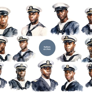 45 hommes noirs en uniformes de marin aquarelle Clipart, clipart nautique, images individuelles PNG sur fond transparent, sublimation