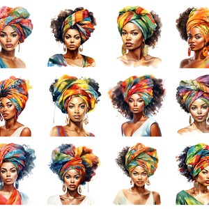 39 Black Women With Colorful Headwraps Watercolor Clipart, Women of ...